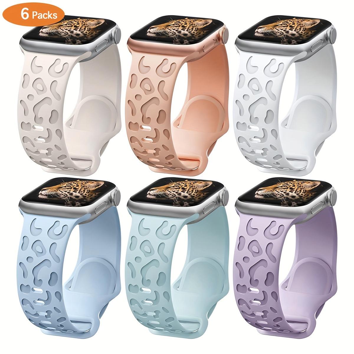 6-Pack Floral Engraved Silicone Apple Watch Bands – Soft Sport Strap 38–49mm (Series 1–11, SE, Ultra / Ultra 2 / Ultra 3), Women