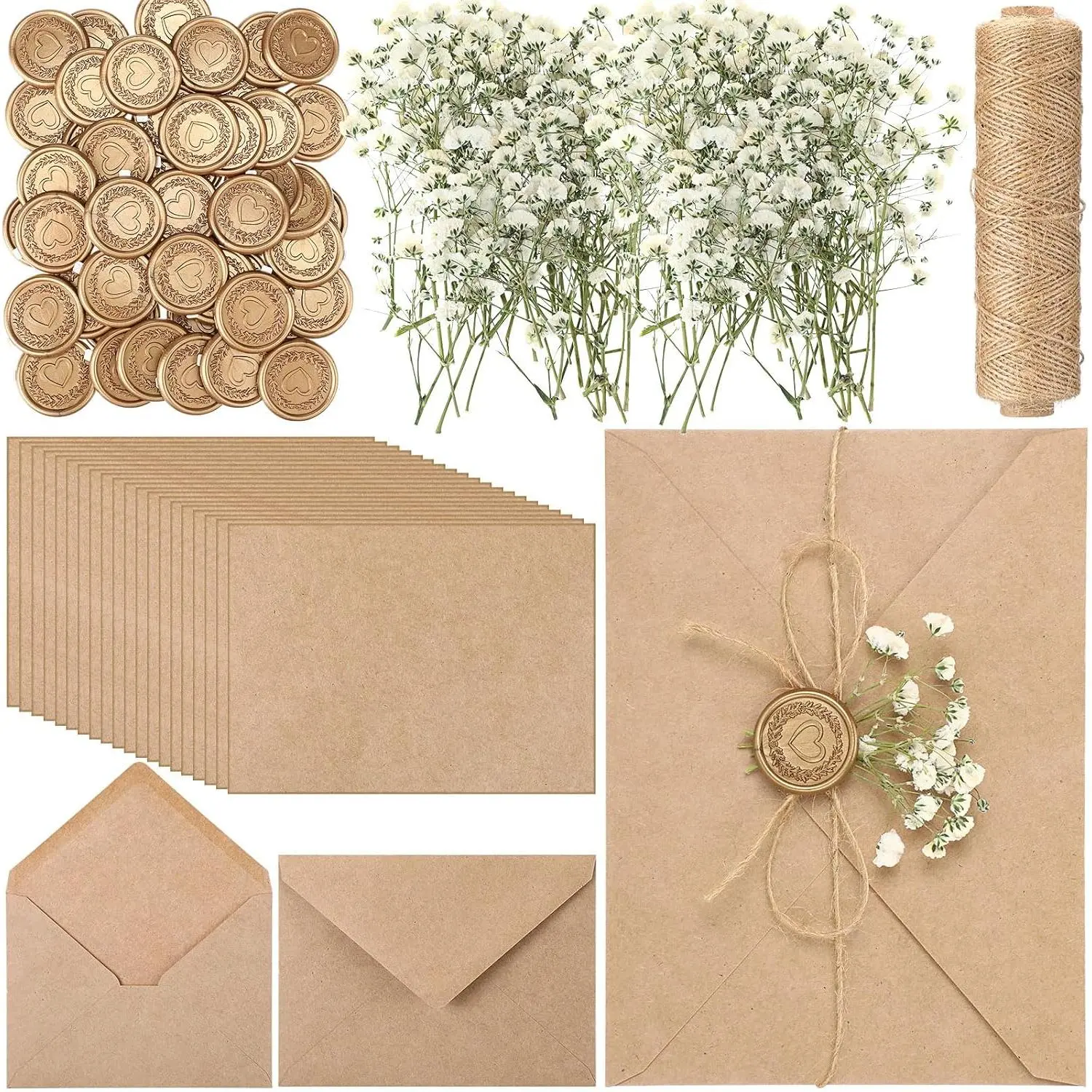 100 Sets Wedding Invitation Kit Vellum Jackets for 5x7 Inch Brown | for Envelope, Self-adhesive  Seals, Dried Floral,  Twine, Rustic Wedding Craft for DIY Invitation Cards Events
