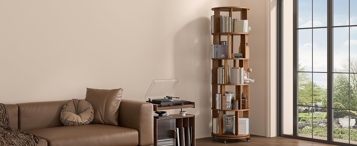 6 Tier Solid Wood Rotating Bookcase with Wheels Round Revolving Bookshelf Organizer 360° Spinning Storage Shelf for Corner Small Narrow Spaces Home Office Kids Room Drawers Organization Computer Desk