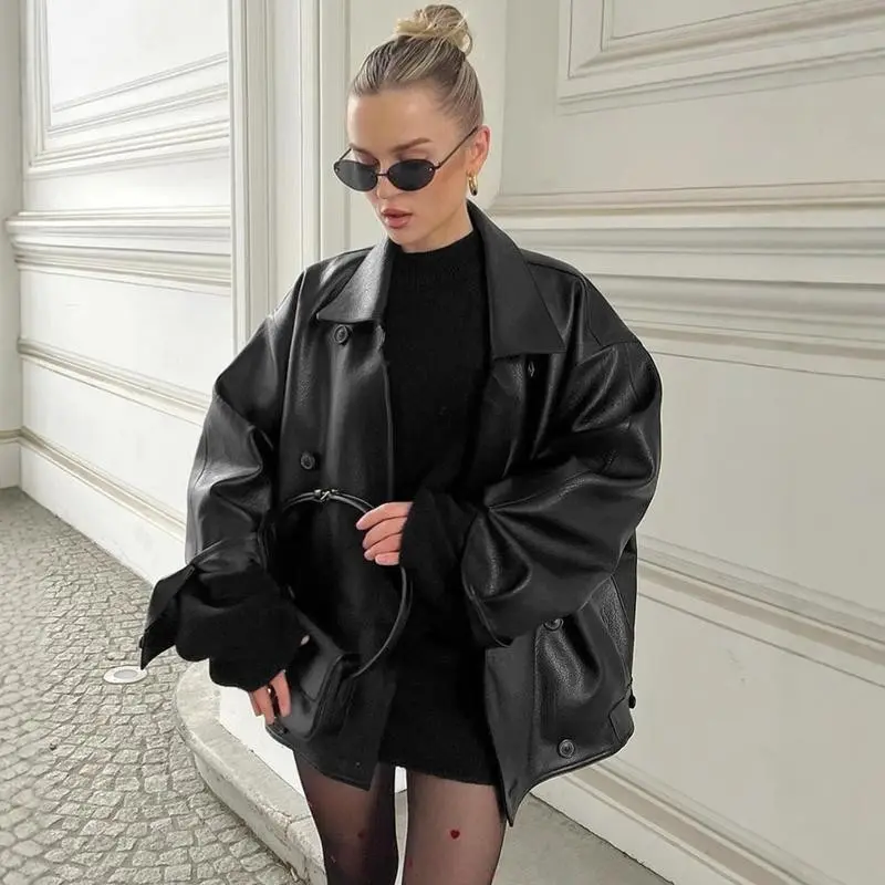 Winter vintage brown women's leather jacket, high-end loose fit, with suit collar, new leather jacket