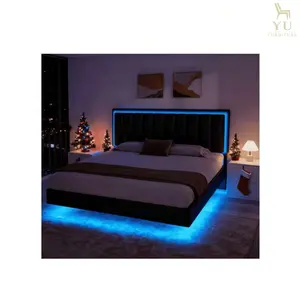 Floating Bed Frame With LED Light, Upholstered Platform Bed With PU Leather, Noise-Free, Easy Assembly, Full/ Queen/ King, Black/ White ( USB LED Strip)