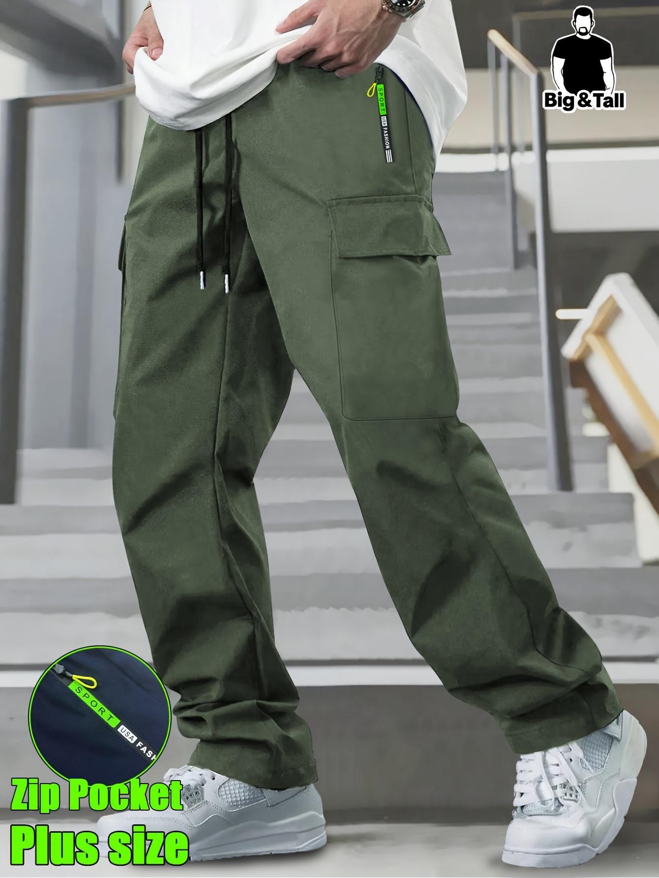 Men's Big & Tall Loose Cargo Pants, Elastic Drawstring Waist Multi-Pocket Plus Size Trousers, Breathable Casual Streetwear, Hiking Gym Outdoor Tactical Pants with Deep Phone Pockets, Extended Inseam Big Bigs Relaxed Fit Daily Wear Sweat Trousers