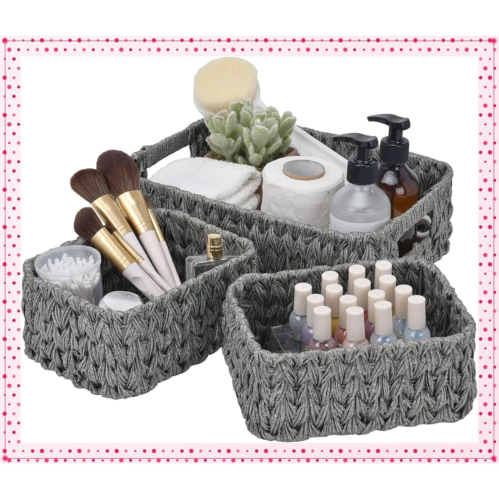 3-Pack Small Waterproof Wicker Storage Baskets for Organizing – Woven Rattan Shelf Basket SetGift