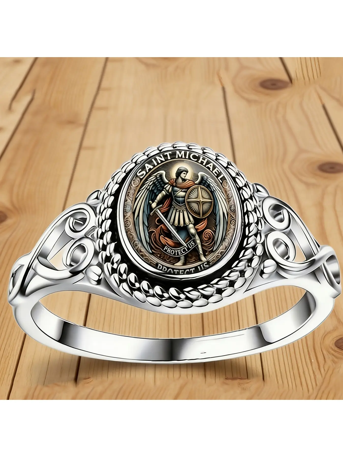 Vintage Hollow Scroll Rope Pattern Angel Warrior Printed Ring, with a symbolic meaning of protection, an atmospheric unisex hand ornament