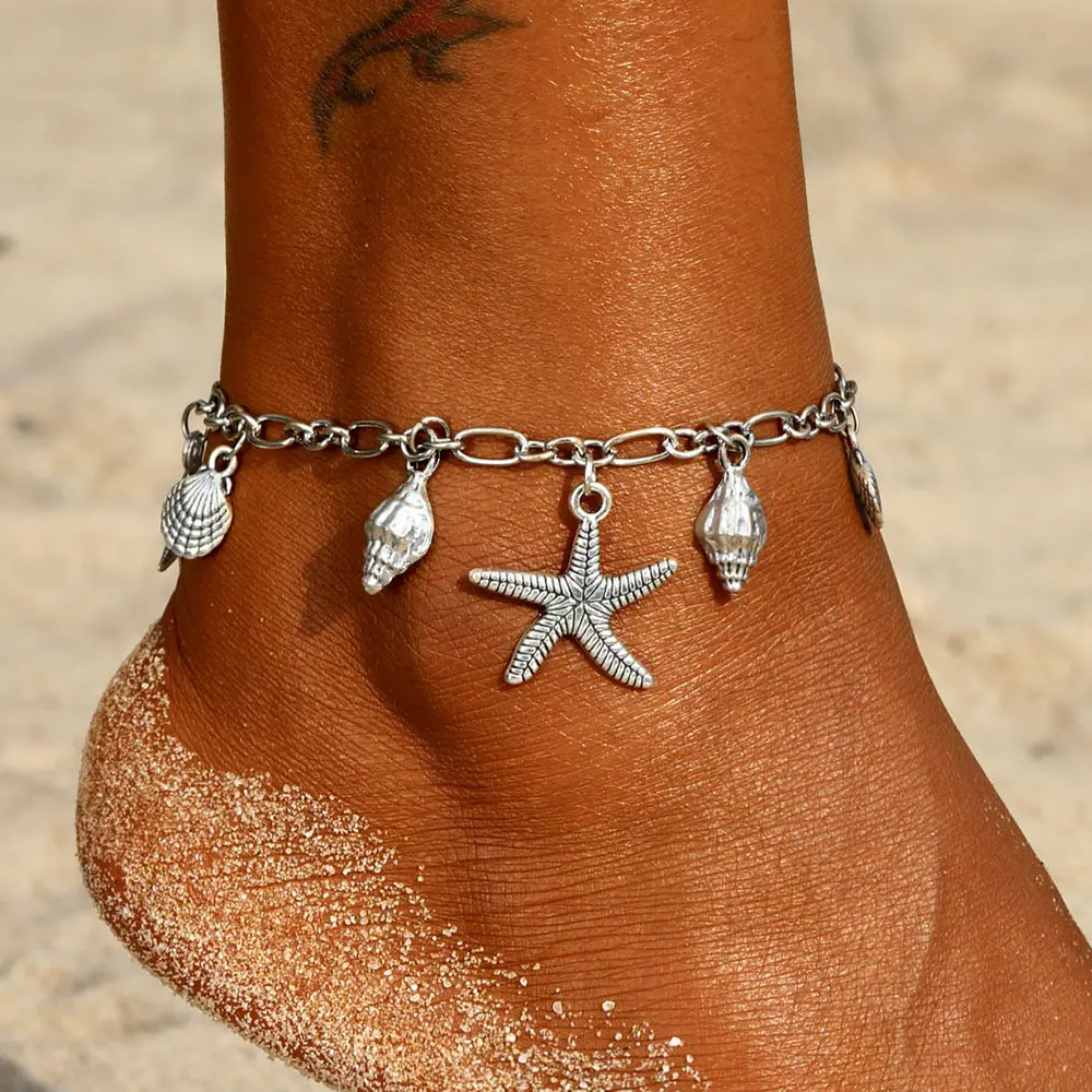 Women's Vintage Silver Anklets - Female Boho Ocean-Themed Foot Jewelry with Starfish Charm, Shell Conch, Tassel - Summer Beach Vacation Gift for Sports & Outdoor Camping Hiking Hammock Enthusiasts, Ocean Theme, Antique Shell Conch
