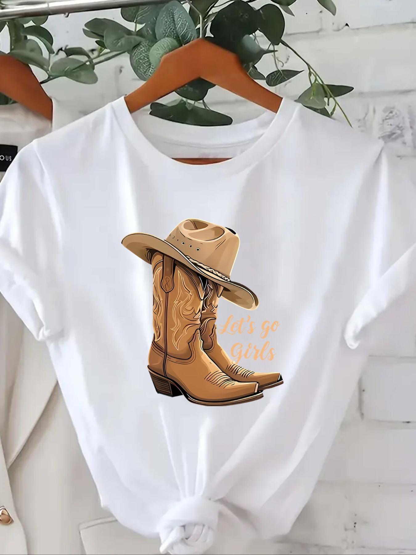 Women's Letter & Cowboy Hat Print Round Neck Graphic Tee, Vintage Trendy Casual Short Sleeve T-shirt for Daily Wear, Ladies Summer Clothes