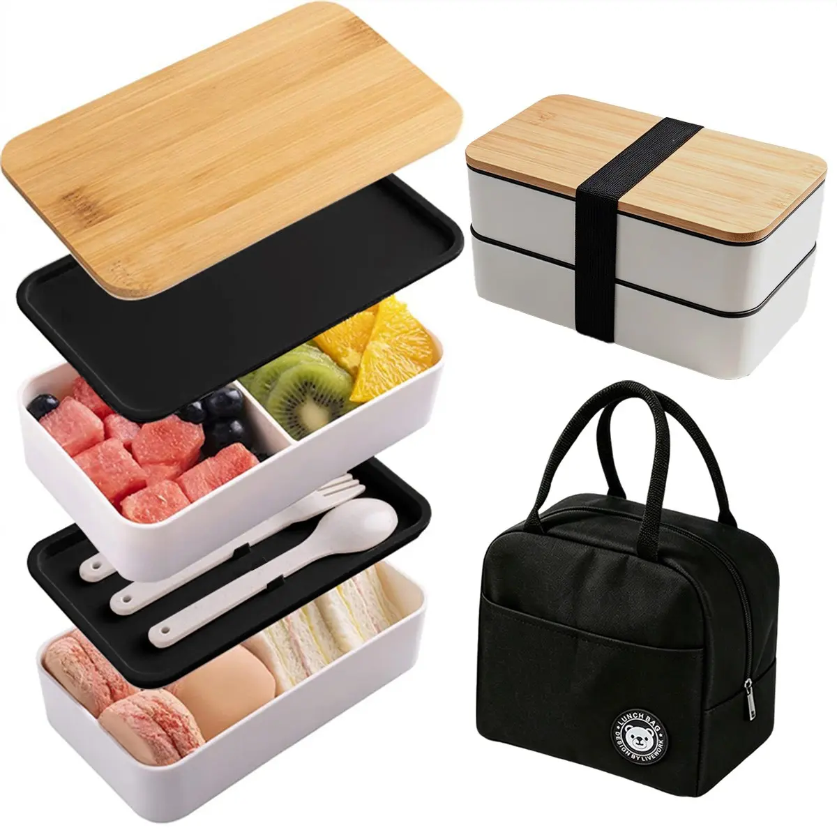 Double Layer Bento Box Set, Japanese Style Bamboo Lid, Reusable, Microwave Safe, Includes Utensils, Ideal for Office & Outdoor Use