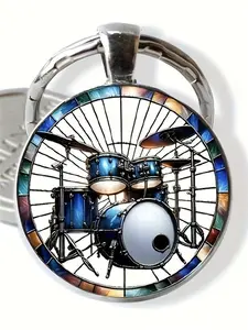 1 PC Fashion DIY Zinc Alloy Keychain, Drum Pattern Glass Keyring, Unisex Gift for Home, Birthday, Wedding, Christmas, Graduation, Anniversary