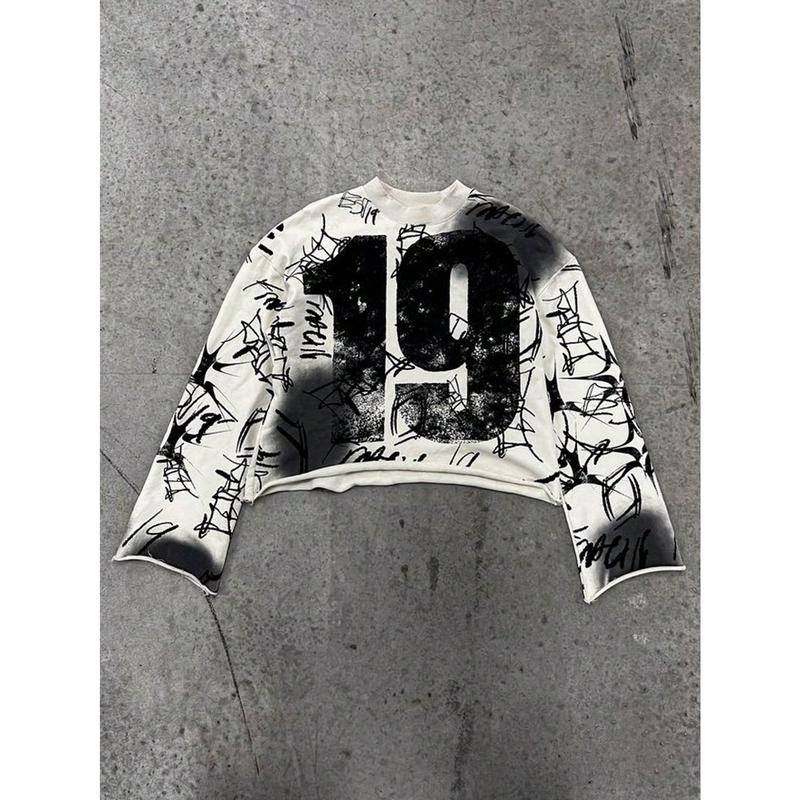 BIGWIG Y2K Men's Long Sleeve Shirt with Bold 19 Letter Print and Artistic Graffiti Design - Streetwear-Inspired Casual Top with Oversized Sleeves, Trendy and Comfortable for Everyday Style