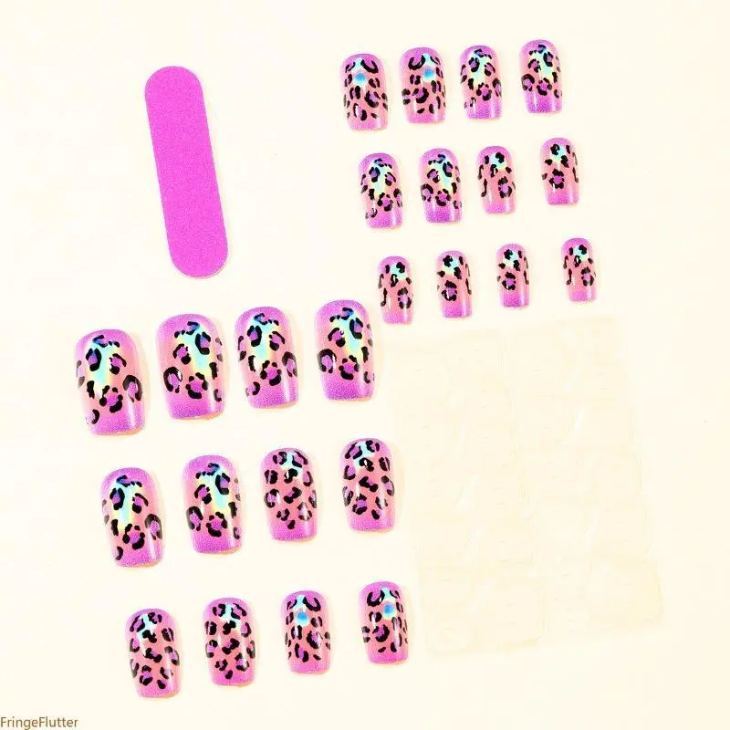 Square Press-on Nails - Reusable Detachable Glam Set, Dreamy Purple Gradient Leopard Print, Nail Inspo Fashion Accessory