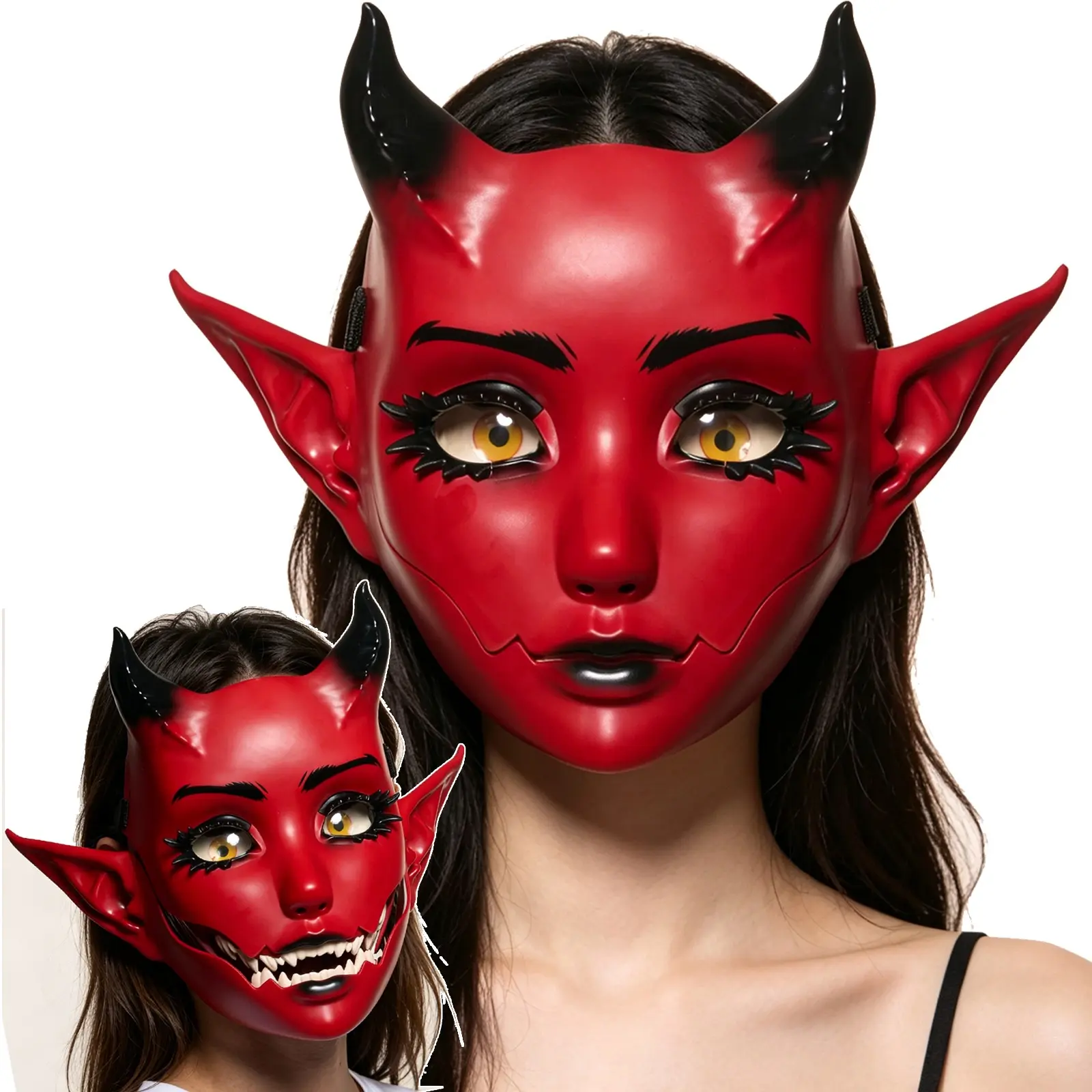 Halloween Devil Mask with Horns Elf Ears, Realistic Open Mouth Design, Demon Full Face Mask, Cosplay Mask for Halloween Party Costume Props, Cool Mask, Hyper Realistic Mask