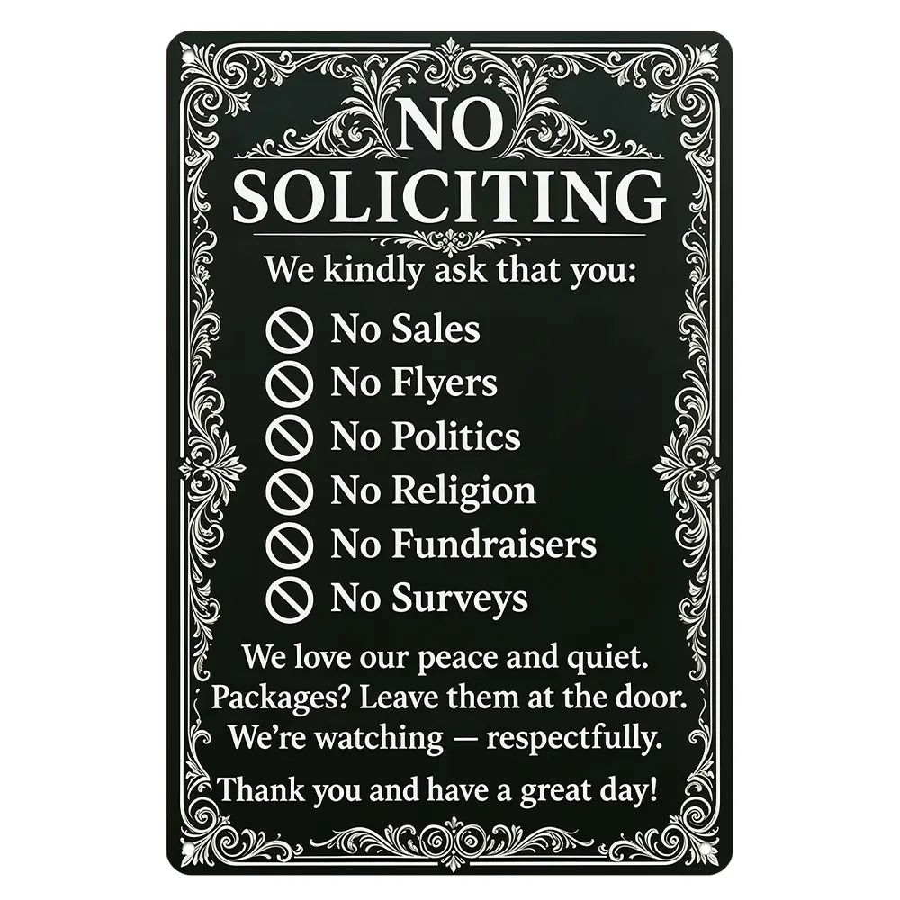Decorative Matte Black Aluminum-Based Hanging Door Plaque, 8×12 in No Soliciting Do Not Disturb Sign - Lightweight Retro Outdoor Wall Decor with Waterproof Coating, Daily Home Supply, Housewarming Gift for Surveyors, Casual
