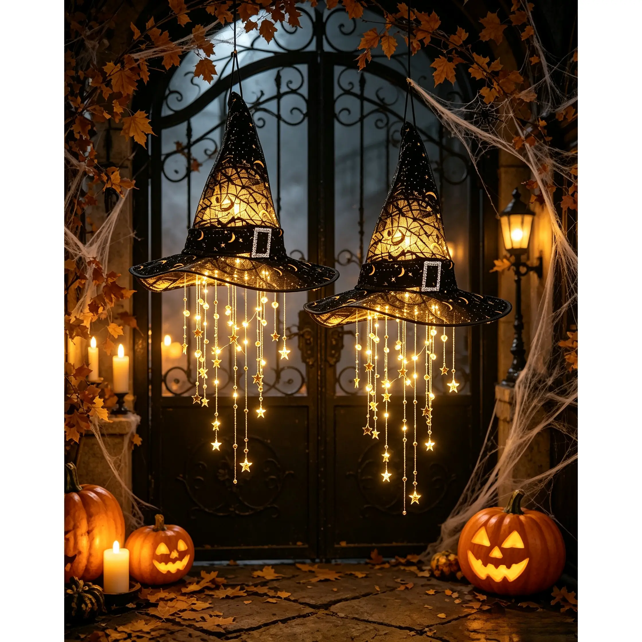 Halloween Light-Up Witch Hat Hanging Chimes - Lace Design, Warm LED Star Tassel Strings, Decorative Twinkle Ornaments for Front Porch, Tree, Lawn & Garden