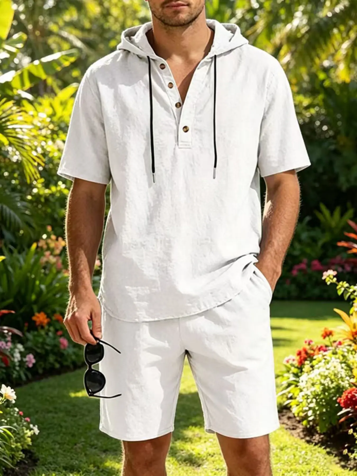 Men's Linen Set 2026 Spring Summer, Loose Fit Breathable Hooded Henry Short Sleeve Shirt and Shorts, Casual Comfortable