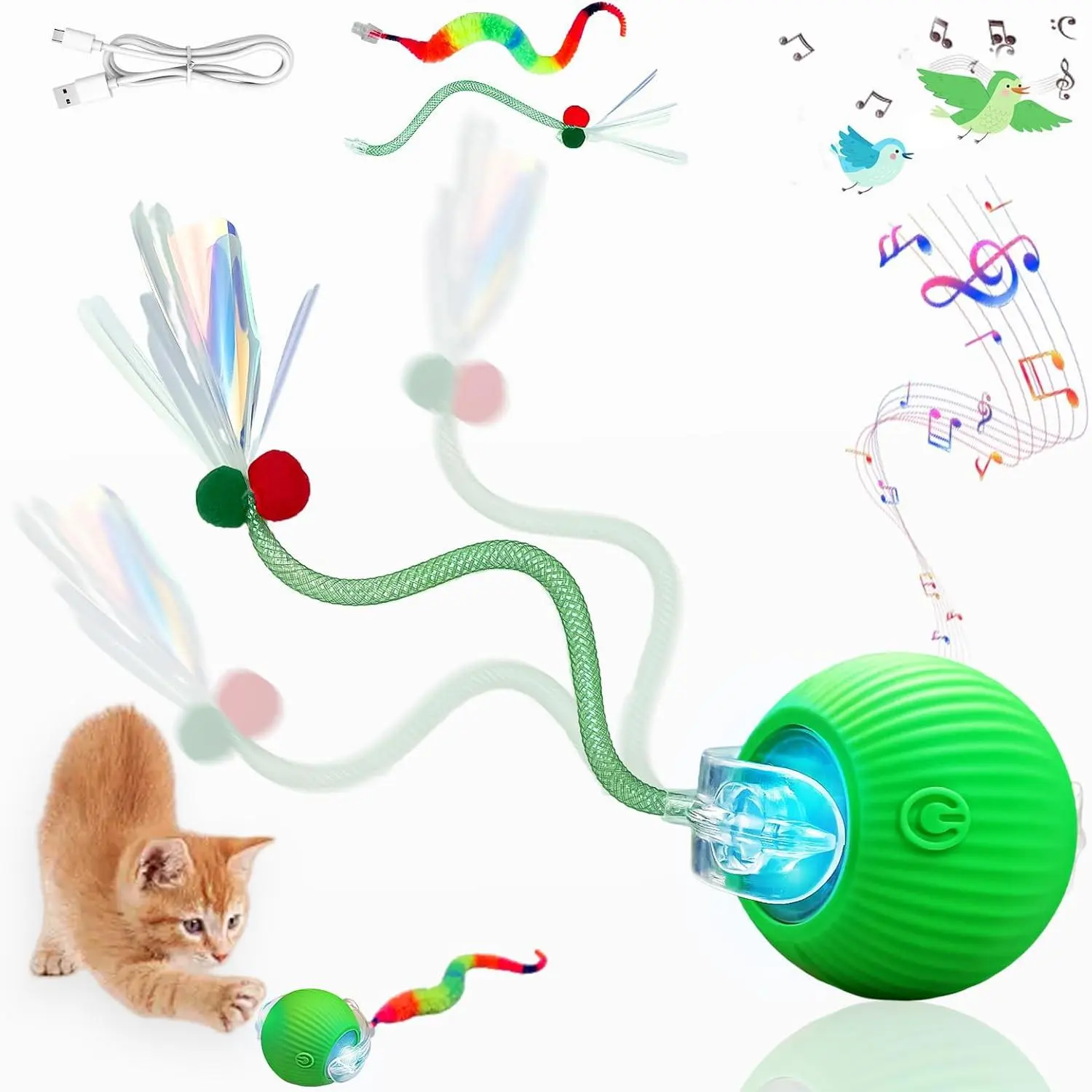 New Upgraded Cat Ball Toy - Speedy Tail 3.0 Cat Toy, Interactive Cat Toy Ball, Stimulating Toys and Juguetes para Gatos, Cat Toys for Bored Indoor (Sound Switchable) (Green)