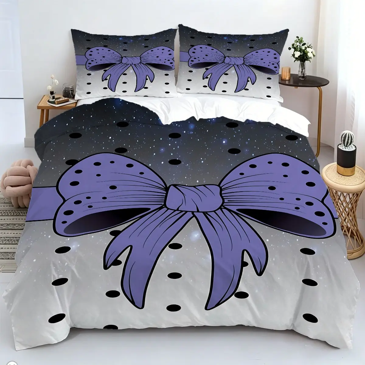 Purple Polka Dot Bow Pattern Duvet Cover Set, 2/3Pcs Girly Style Bedding Set, Soft Skin Friendly Fabric, Perfect Teen Girls Bedroom Home Decor, Ideal Gift Bow Lovers. 1 or 2 Pillowcase - No Filling/Zipper Closure