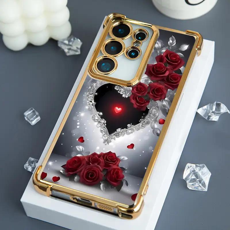 Heart Rose Pattern Phone Case for iPhone 17 Pro Max 16 15 Plus 14 13 12 11 Pro, Four Corners Airbags Shockproof Transparent Soft Back Casing