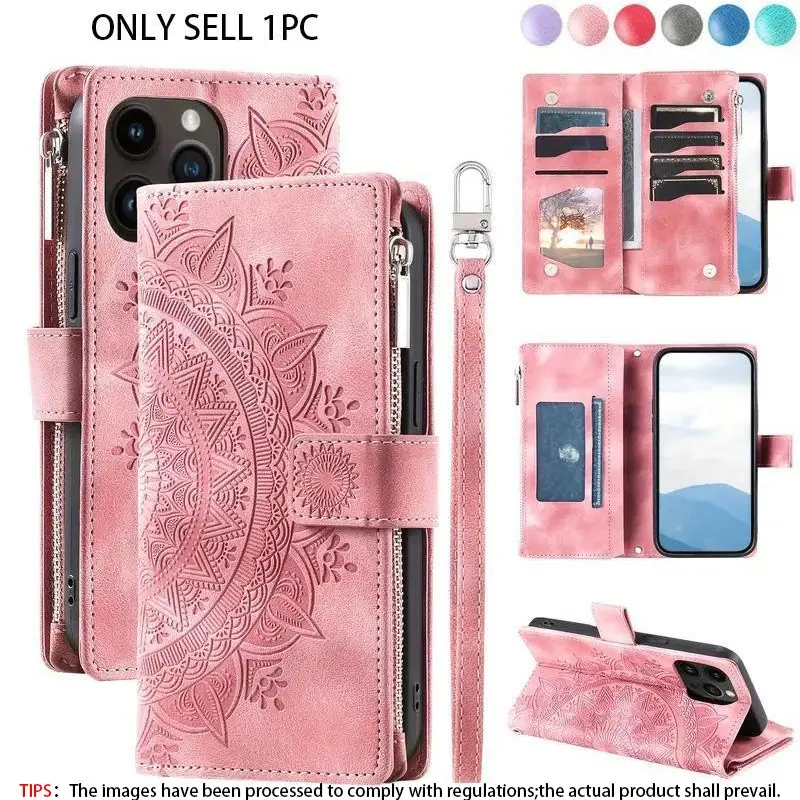 Floral Pattern Foldable Zipper Protective Phone Case with Card Slot, Phone Wallet with Stand & Wrist Strap, Phone Accessories for iPhone 17 16 15 14 13 12 11 Pro Max Plus Air, Cover