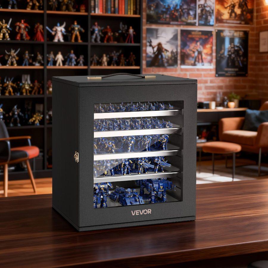 VEVOR Miniatures Storage Case, Warhammer Carrying Case Fits for 1000-1500 Scale Models, DND Gifts Wooden Miniatures Display Holder with 5 Tray 11 Slots, Case for Collectible (Minis Not Included)