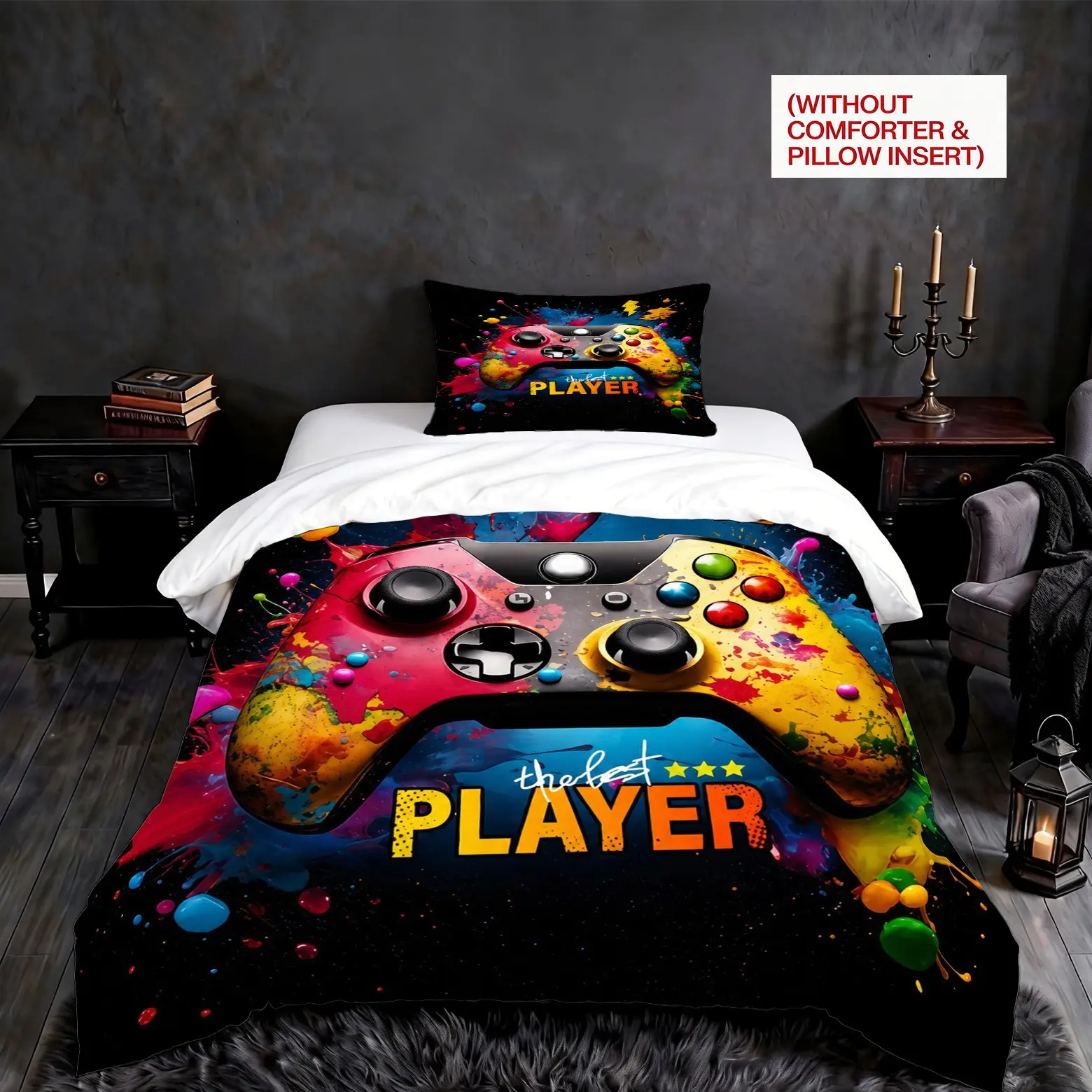 Gamer Controller Duvet Cover Set, 2/3 Pieces (1 Duvet Cover + 1/2 Pillowcases, No Comforter or Pillow Insert Included), Graffiti Street-Style Print, print bedding set, Soft Fabric for All Seasons, Ideal for Teens & Adult Gamers' Bedroom Decor