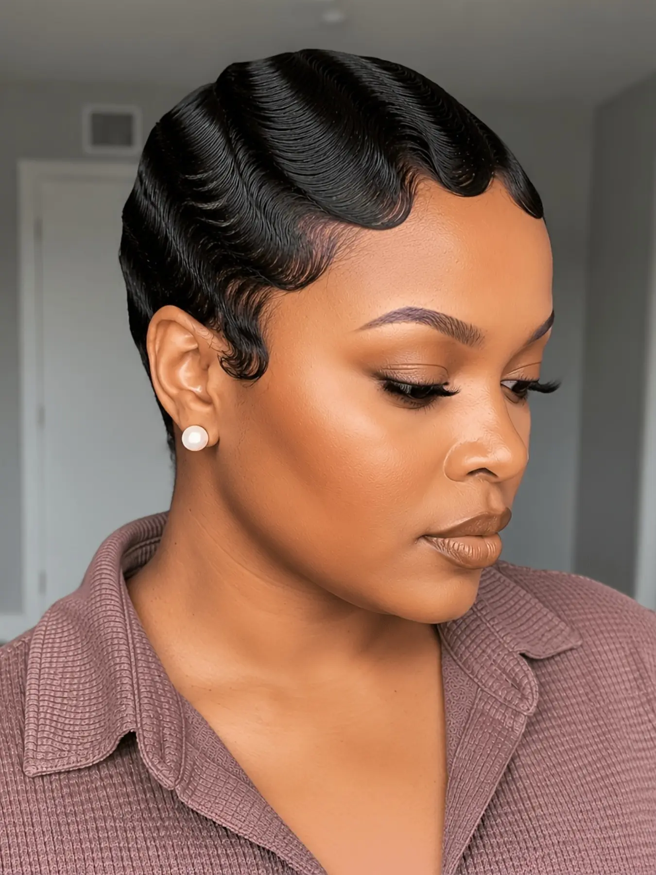 Short Finger Wave Pixie Human Hair Wig for Women, 180% Density, Natural Daily Hairstyle, Full Machine Made Wig, 100% Human Hair
