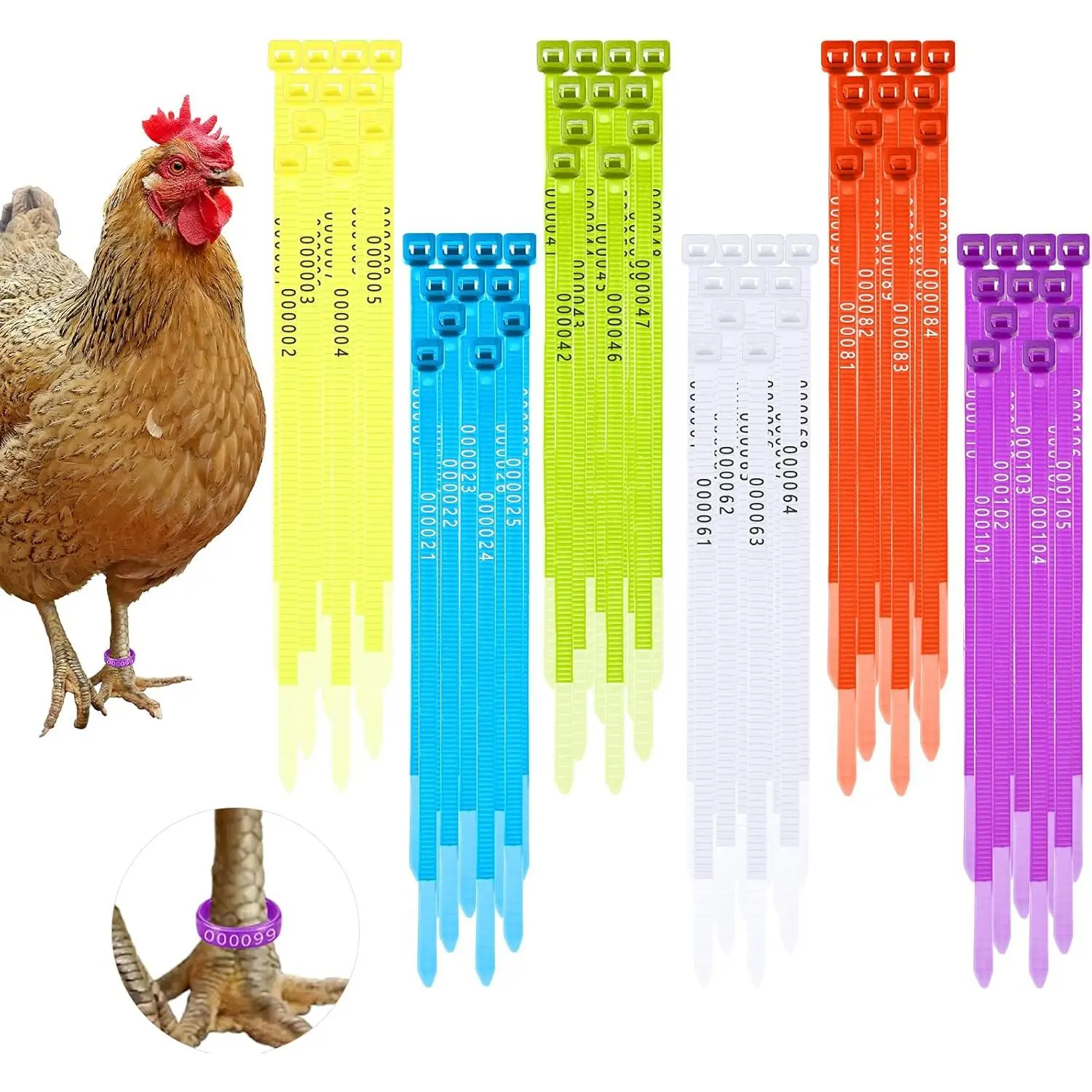 120Pcs Numbered Poultry Leg Bands, 6 Colors Adjustable Self-Locking ID Rings for Chicken Duck Goose Farm Use