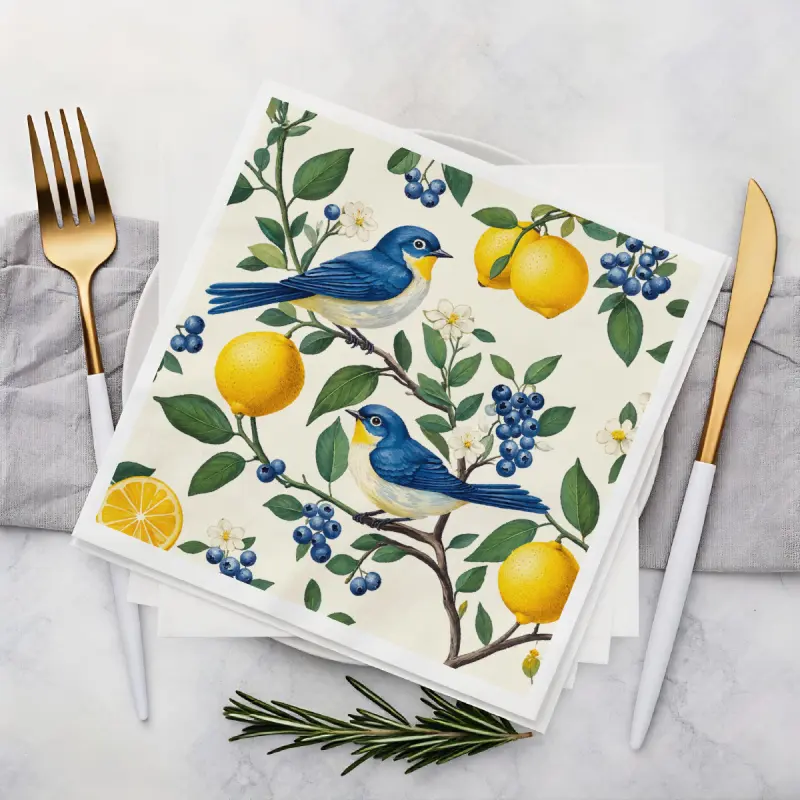 Vintage-style party napkins with blue bird and lemon branch pattern, high-quality paper with elegant prints, suitable for spring gatherings and garden parties. 12.5cm * 12.5cm  20 sheets per pack, Decorative Paper Napkins