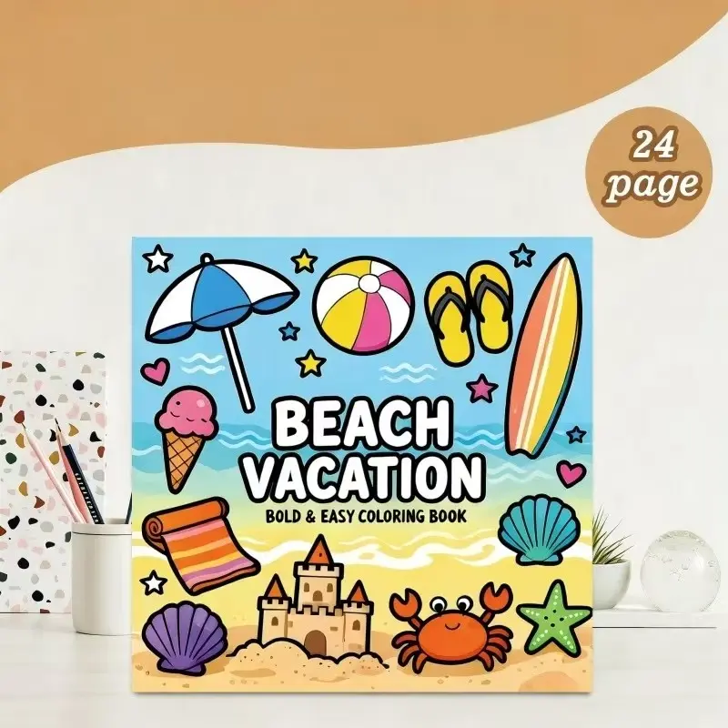 Cute Cartoon Beach Vacation Coloring Book for Kids, Large Bold Lines Summer Ocean Creatures, Portable 24-Page Activity Book, Perfect for Party Gifts and Classroom Rewards