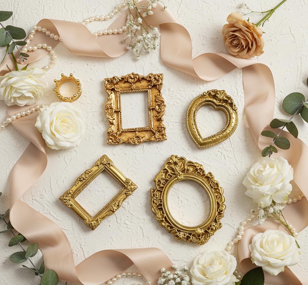 12Pcs Miniature Picture Frames Set - 1:12 Scale Dollhouse Vintage Gold Frames, Oval & Rectangle Antique Photo Frames for DIY Crafts, Wedding Decor & Fairy Garden