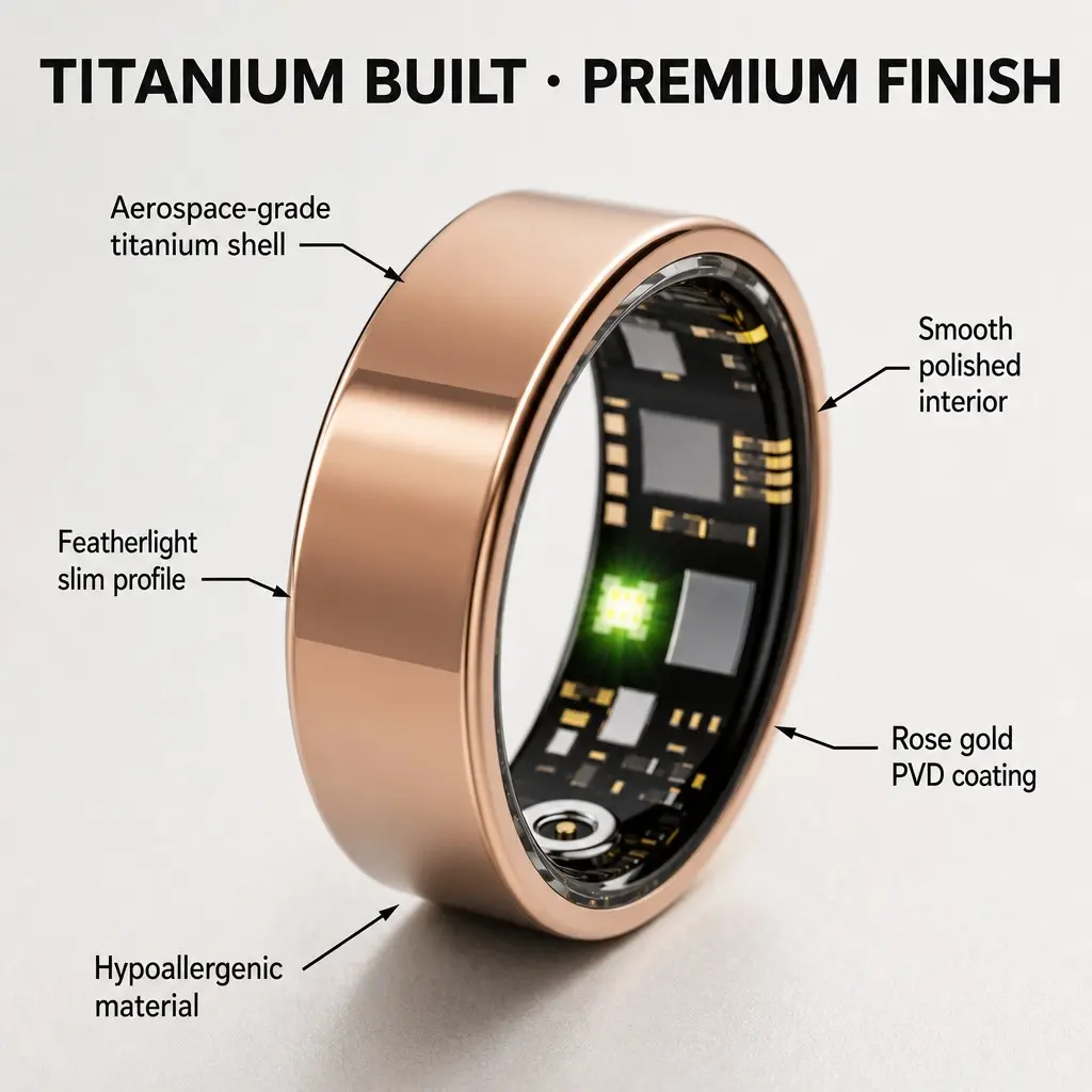 Rose Gold 8 Smart Health Wearable Ring - Fitness Tracker, Pedometer, Calorie Tracker for Women, Workout Monitoring, Sleep & Stress Tracking, IP68 Waterproof, Long-Lasting Battery, No Subscriptions, iOS & Android Compatible (Party Gift Option)