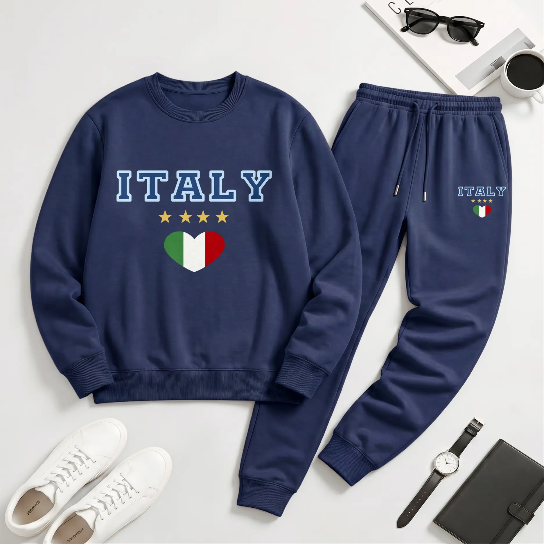 Men's Italy Flag Graphic Crew Neck Sweatshirt & Jogger Pants Two-Piece Set, Casual Athletic Long Sleeve Pullover and Drawstring Trousers, Comfortable Fall Winter Sportswear for Everyday Wear, Gym and Travel