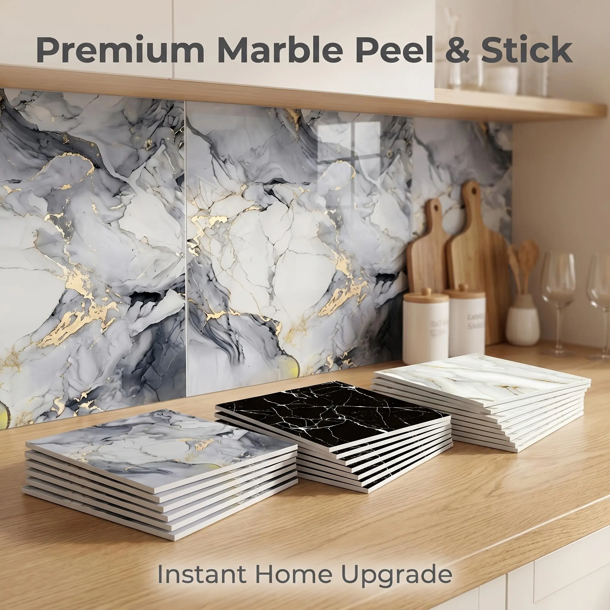 A box of self-adhesive high gloss marble pattern decorative stickers, Kitchen stickers, each 11.8x11.8 inches square, with multiple patterns, moisture-proof and easy to clean, suitable for indoor wall decoration