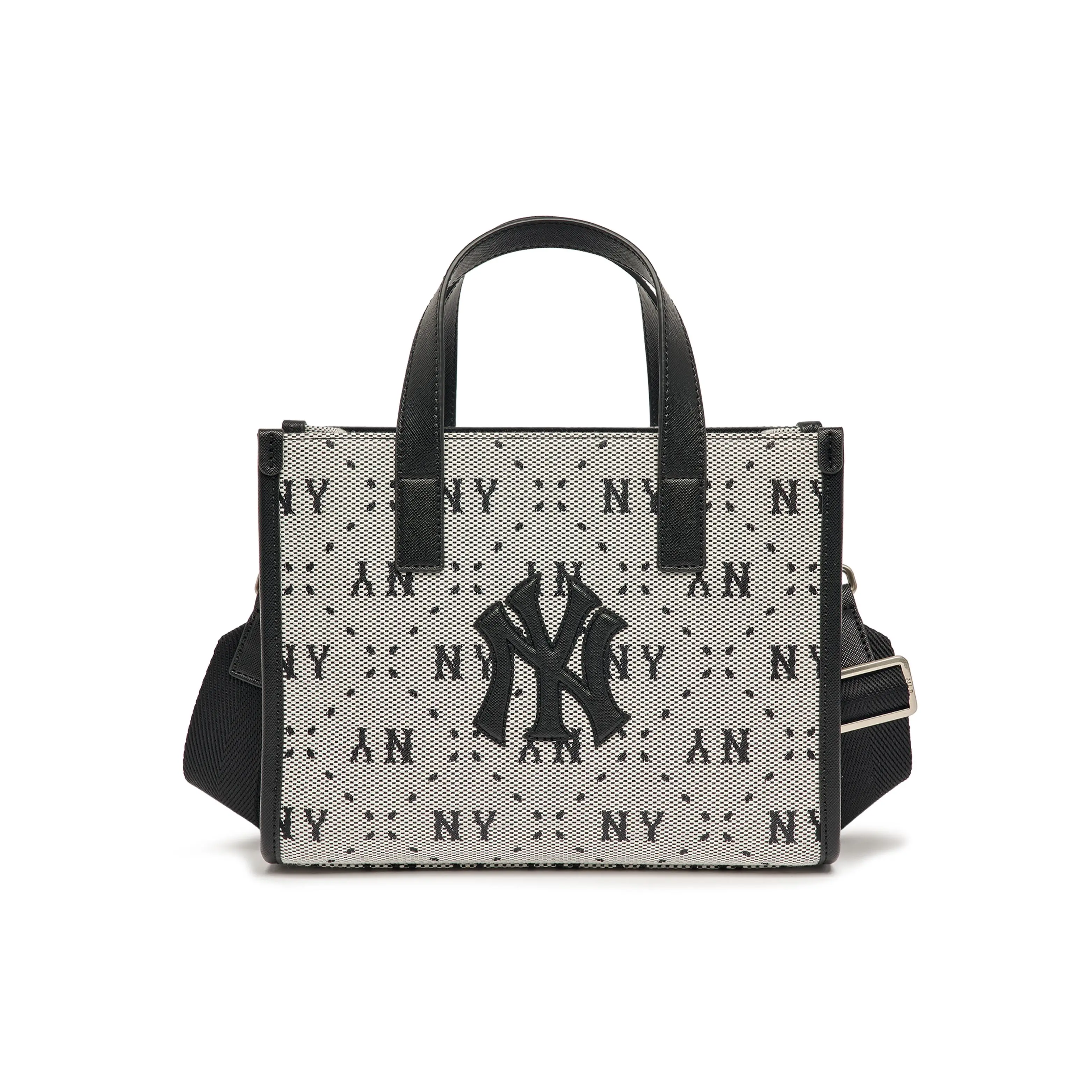 MLB New York Yankees Vintage Letter-Print Faux Leather Tote Bag for Women, Adjustable Strap, Black and Gray