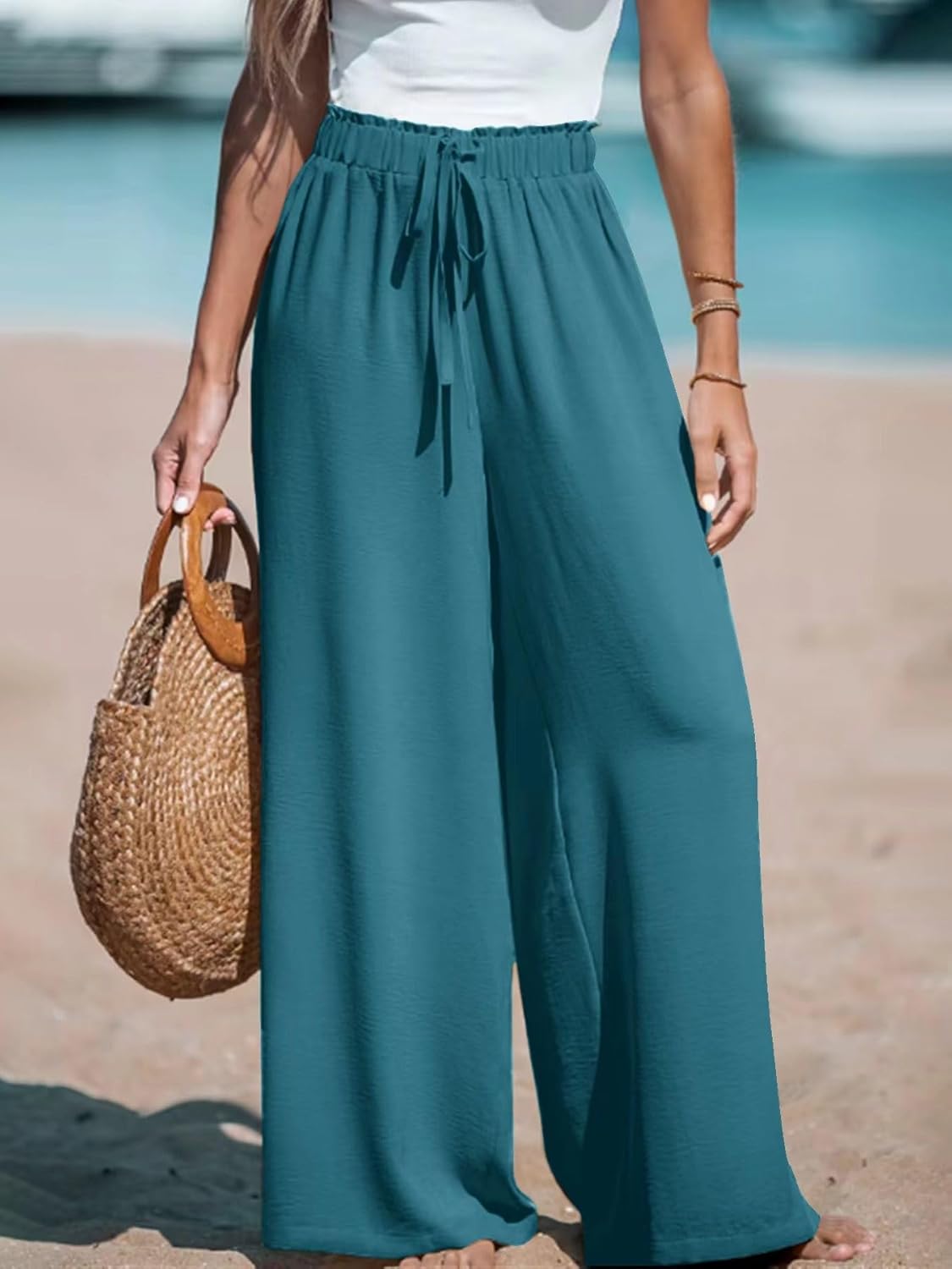 Womens Wide Leg Pants High Waisted Trousers Linen Palazzo Loose Fit Lounge Beach Flowy Pants