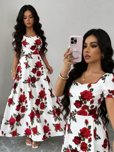 Women's Square Neck Short Sleeve High Waist Red Rose Print A Line Midi Dress, White Vintage Romantic Elegant Flowy Long Dress, Perfect for Wedding Guest, Date Night, Brunch, Garden Party, Vacation, Daily Wear, Trendy Summer Streetwear for Ladies