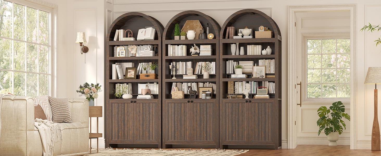 81 Inches Tall Arched 6-Tier Bookcase with Door Walnut