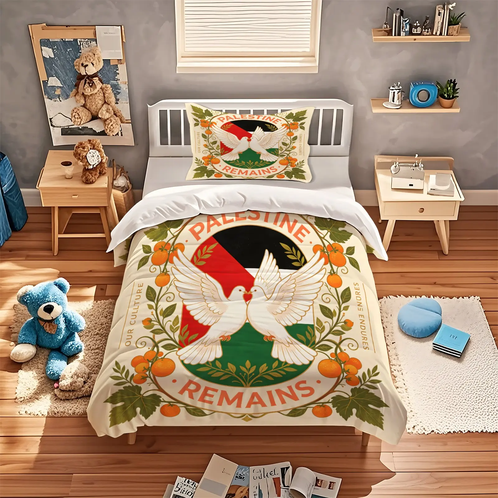 2/3Pcs Peace Protection Vintage Illustration Duvet Cover Set, Full Print Of Palestine Flag, Olive Tree And White Dove, Hypoallergenic Washable Fabric, Complete Bedding For Art Lovers (No Filling Or Pillow Core)
