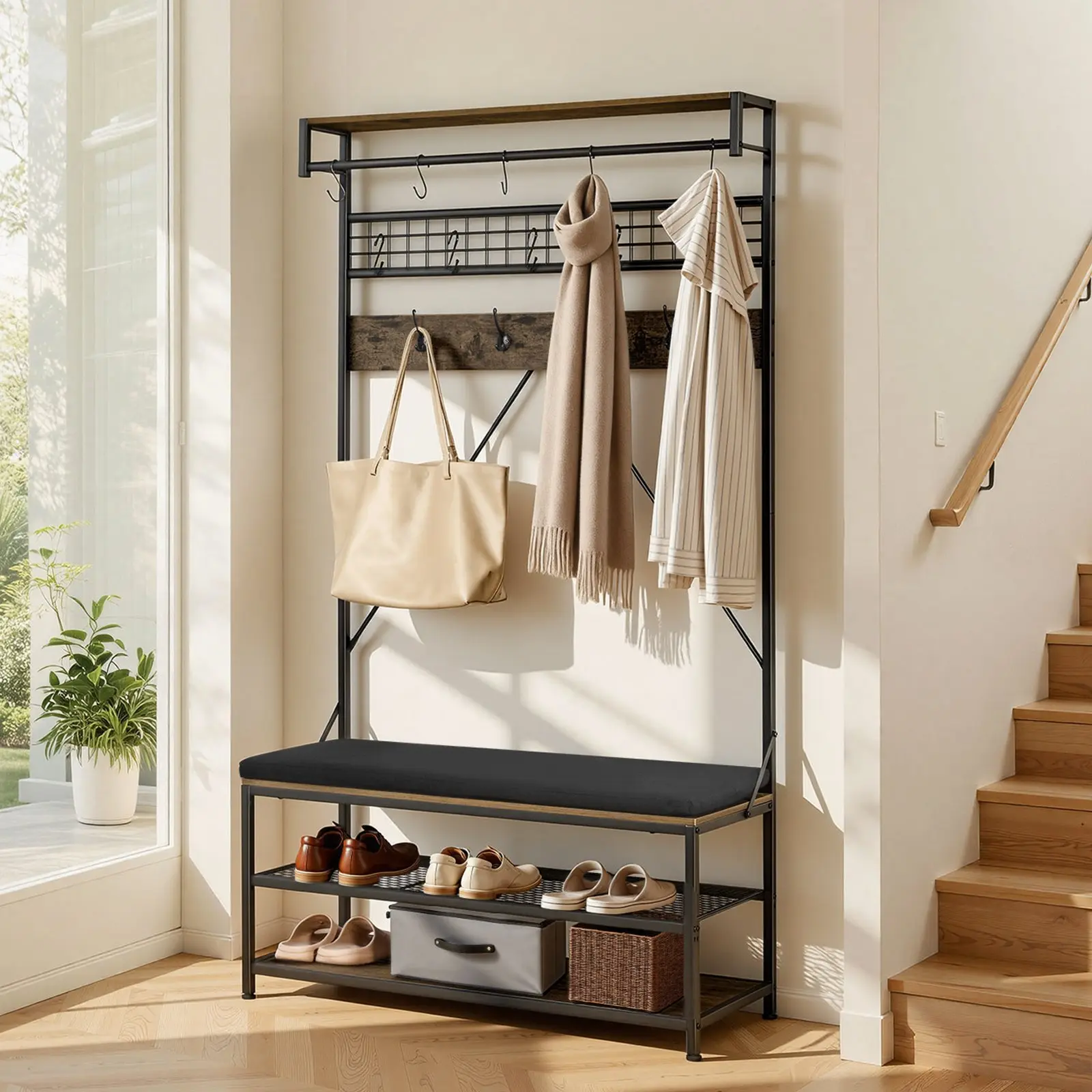 【Summerfinds】VEVOR Hall Tree, 40.0 x 15.7 x 72.0 in Modern Space-Saving Sturdy Coat Rack with Shoe Bench, 2-Tier Freestanding Storage Organizer with Adjustable Clothes Hooks, Hanging Rod, Wire Shelf, Secure Steel Frame for Entry, Bedroom, 72 In, Minimalis