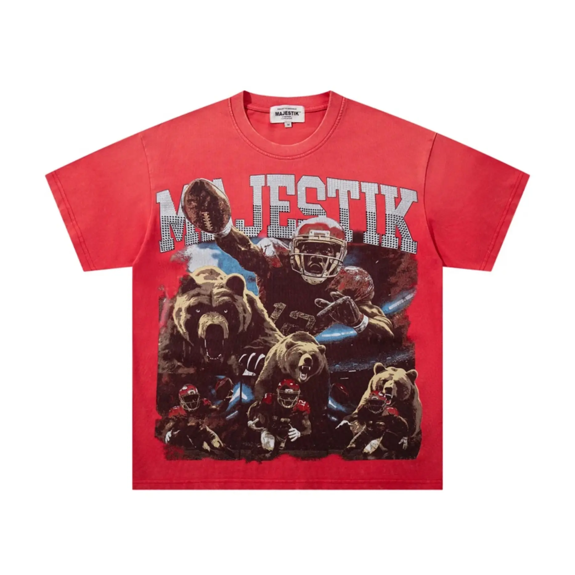 Vintage Red MAJESTIK Men's T-Shirt, Football Bear Rhinestone Graphic Short Sleeve Tee, Casual Streetwear Majestik Top, gym clothing men for Father's Day