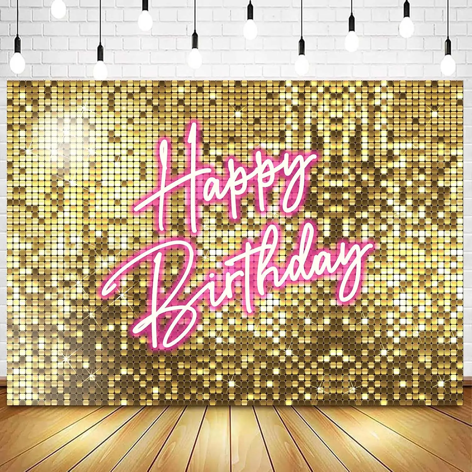 Neon Birthday Backdrop Shining Golden Square Flash Bday Photo Background Girls Women Sequins Shimmer Wall Birthday Party Decorations Banner Photoshoot Props 7x5ft