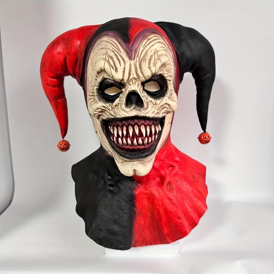 Horror Bell Clown Latex Head Mask, Halloween Spooky Smiling Clown Mask for Costume Party, Clown Mask with Large Horns, Demon Abstract Mask