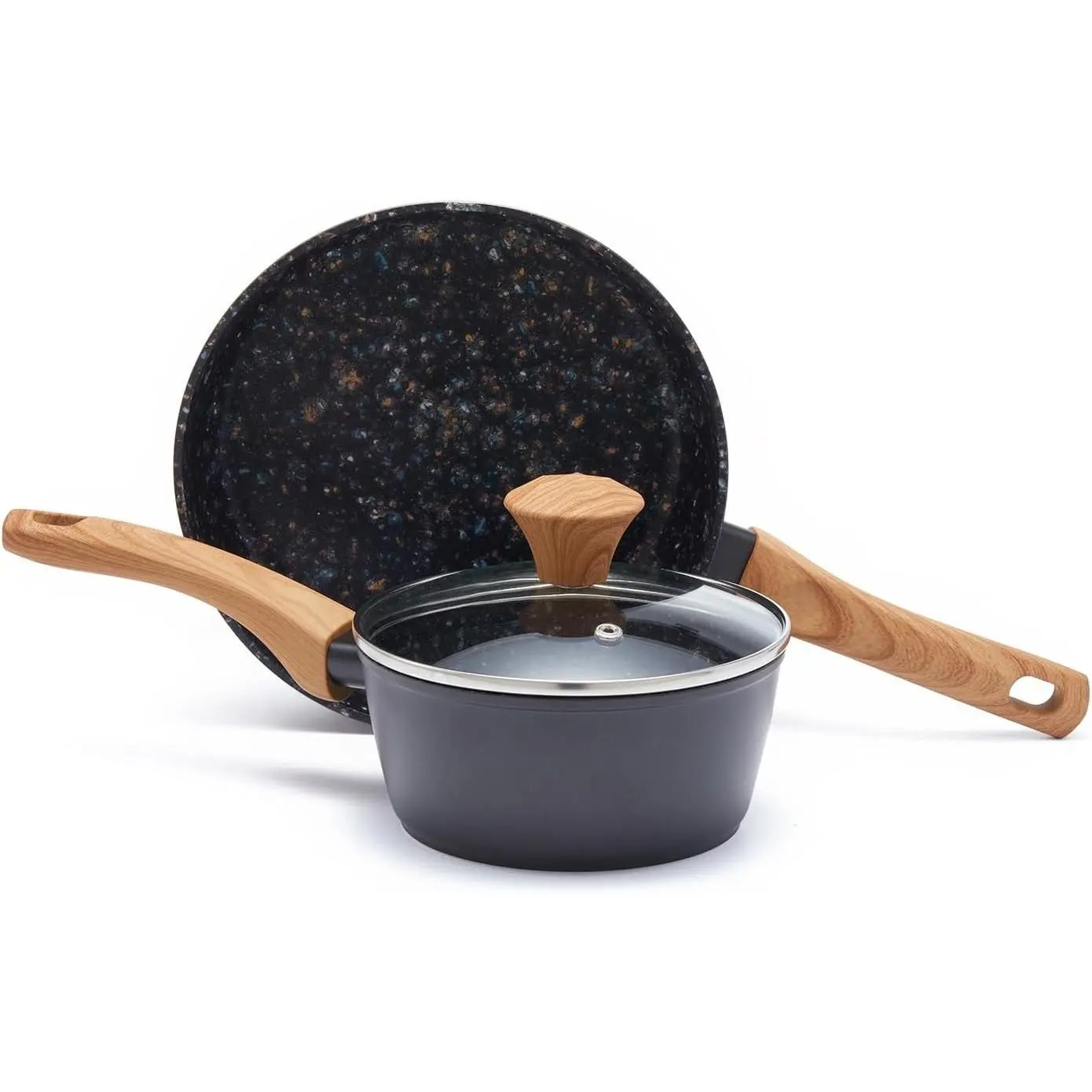 2-Piece Nonstick Black Cookware Set: 8.5 Inch Frying Pan & 1.43QT Saucepan with Lid, PFAS & PFOA Free Non-Toxic Coating, Induction Compatible, Dishwasher Safe