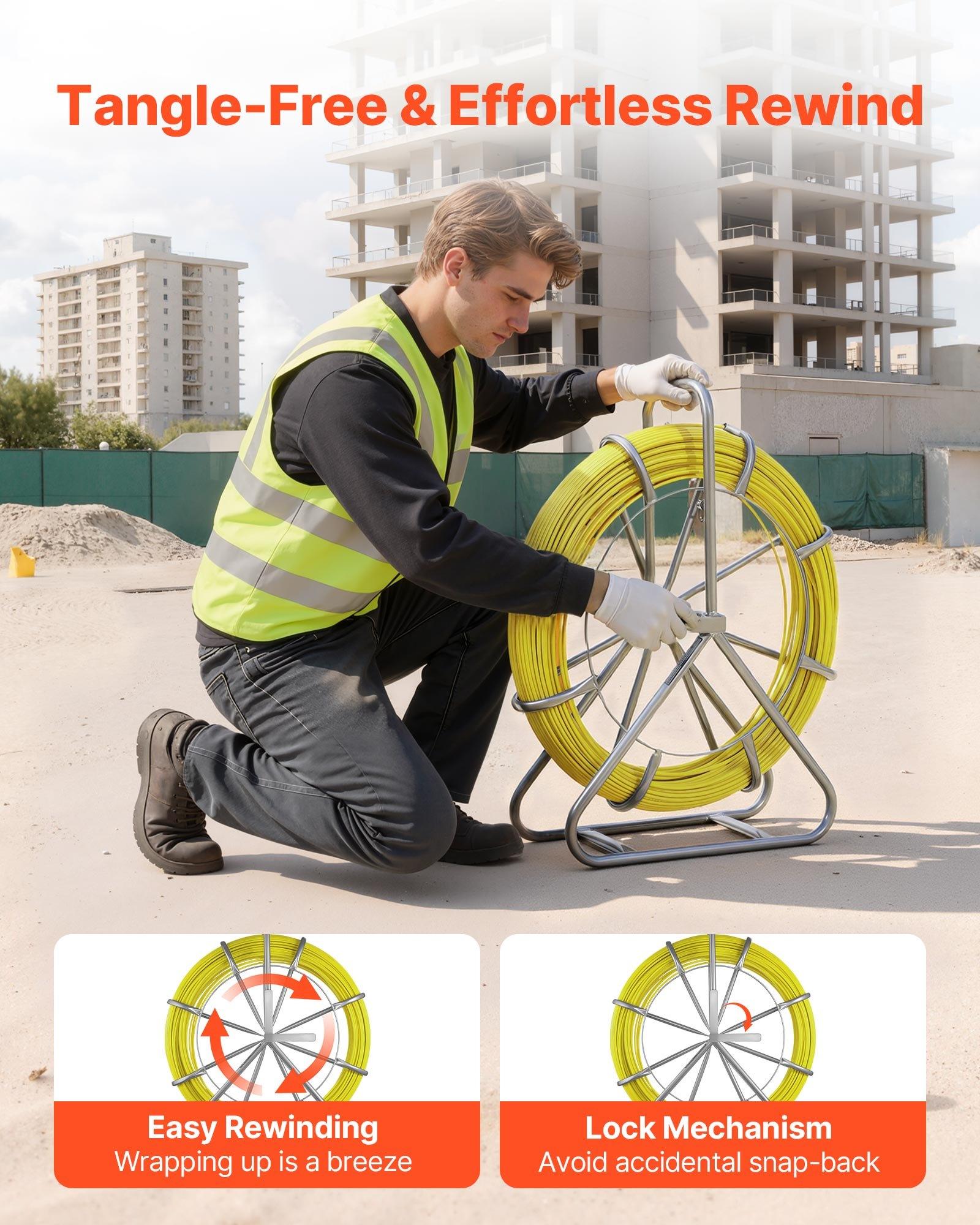 VEVOR Fish Tape Fiberglass, 500FT 6.3MM, Duct Rodder Fishtape Wire Puller with Stand, 1/4-Inch Cable Running Rod, Marked Every 5 Feet, Fishing Tools for Walls and Electrical Conduit, Non-Conductive