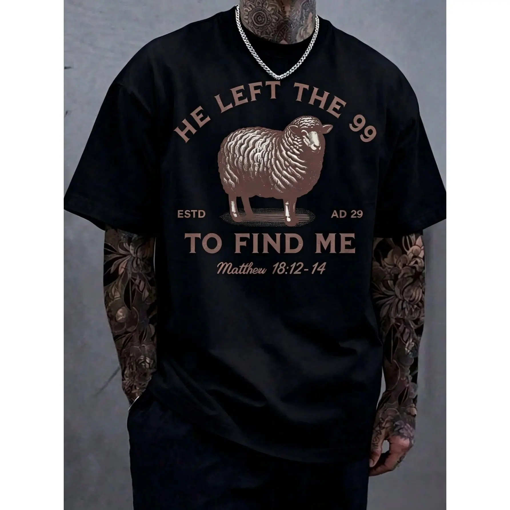 Manfinity Dauomo 99 T-Shirts Jesus Left, The Lord Is My Shepherd T-Shirt, Christian T-Shirt, He Left 99 To Save Me T-Shirt, Men T-Shirt Menswear Tops