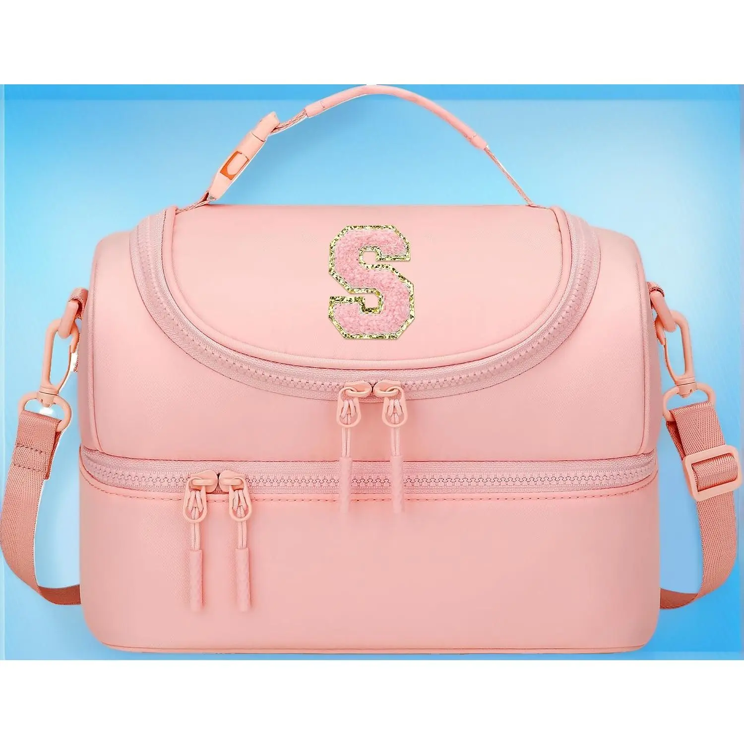 Kids Double Decker Lunch Bag Initial Insulated Girls Lunch Box | Reusable Toddler Lunchbox, Leak-Proof, School Daycare Travel Picnic Work, Adjustable Strap, Back to School