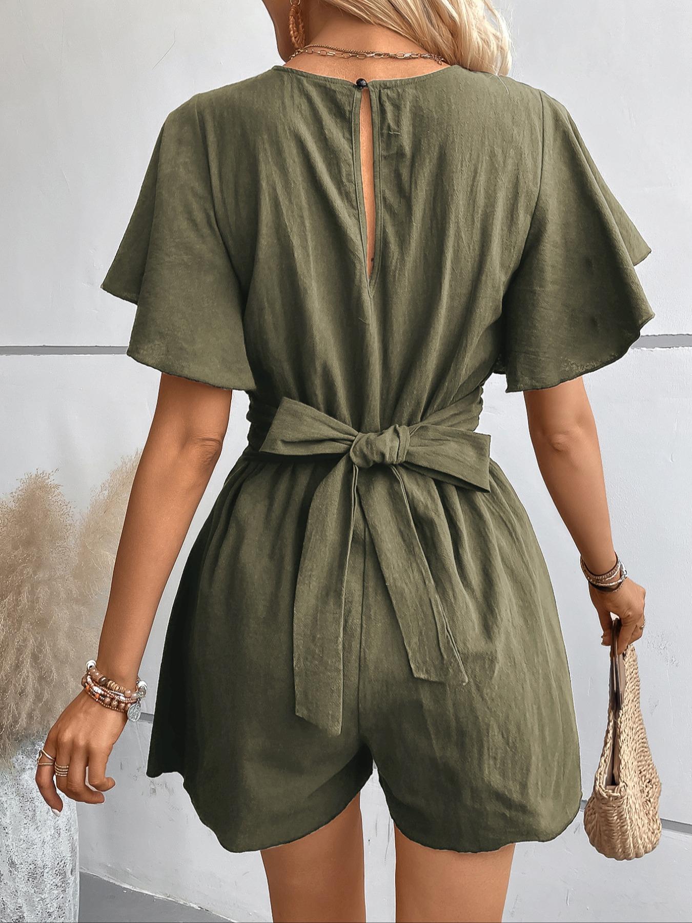 Women's Twist Butterfly Sleeve Romper, Casual Chic V Neck High Waist Wide Leg Jumpsuit, Ladies Summer Clothes for Daily Wear Womenswear Vneck