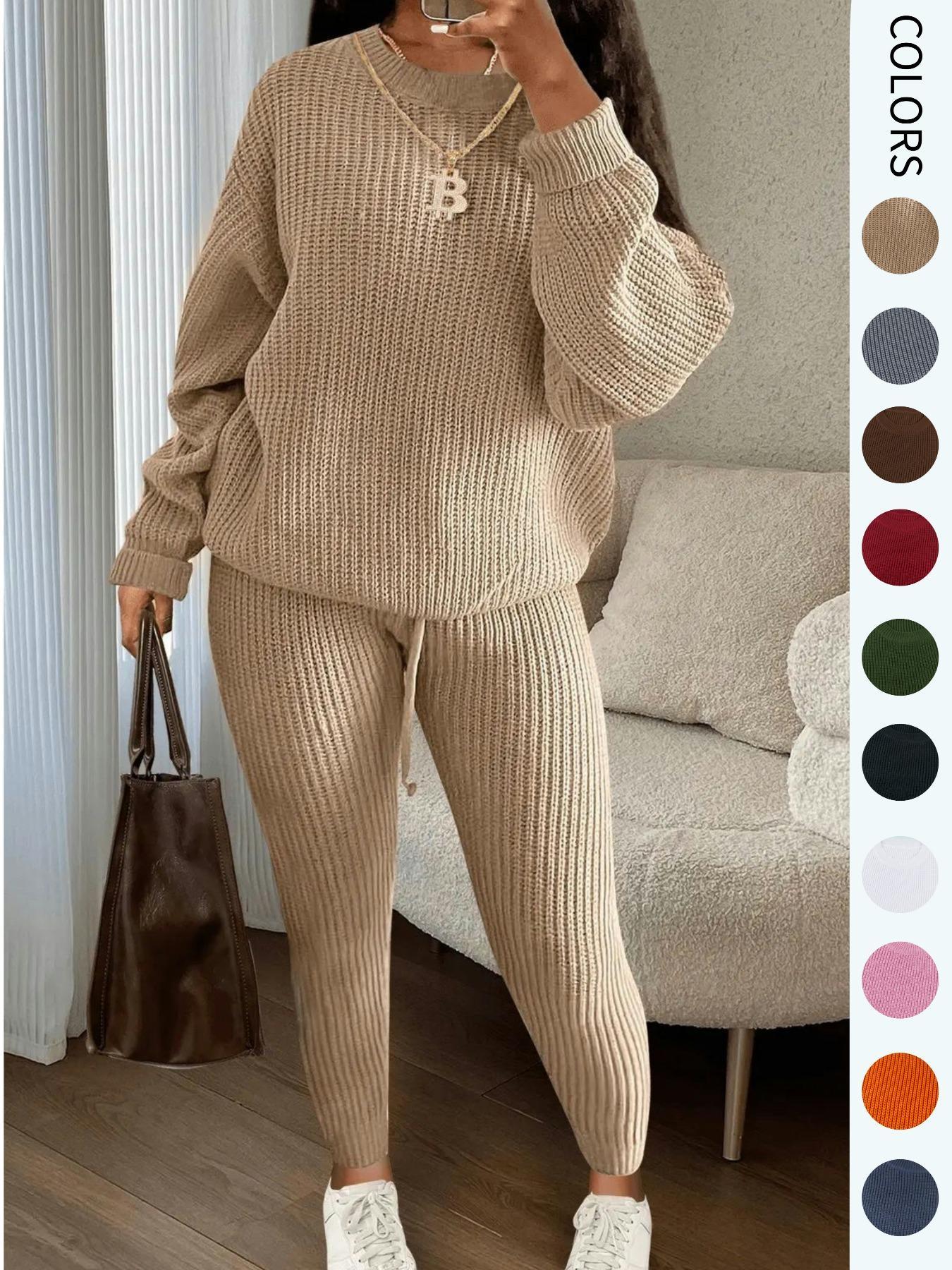 Women's Solid Round Neck Drop Shoulder Sweater & Drawstring Waist Pants Knit Set, Casual Cozy Knitwear for Daily Outdoor Wear, Ladies Fall & Winter Outfits, Women's 2 Pcs Sweater Set