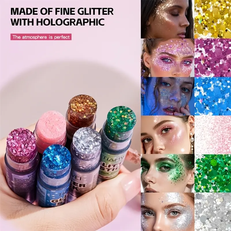 Magic Party Glitter Stick Set(6pcs), Easy to Apply, Long-Lasting Sparkle, Color Full Body Glow Sticks, Multipurpose Glitter for Face, Collarbone, and Body, Singer Concert Music Party, Rotating Mermaid Face Glitter Stick