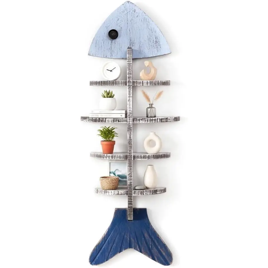 Nautical Fish Bone Wall Shelf, Wooden Coastal Wall Decor with 8 Storage Compartments, Ocean Theme Fish Skeleton Wall Mounted Shelf for Plants, Candles, Keys, Beach House Bathroom Living Room Decor