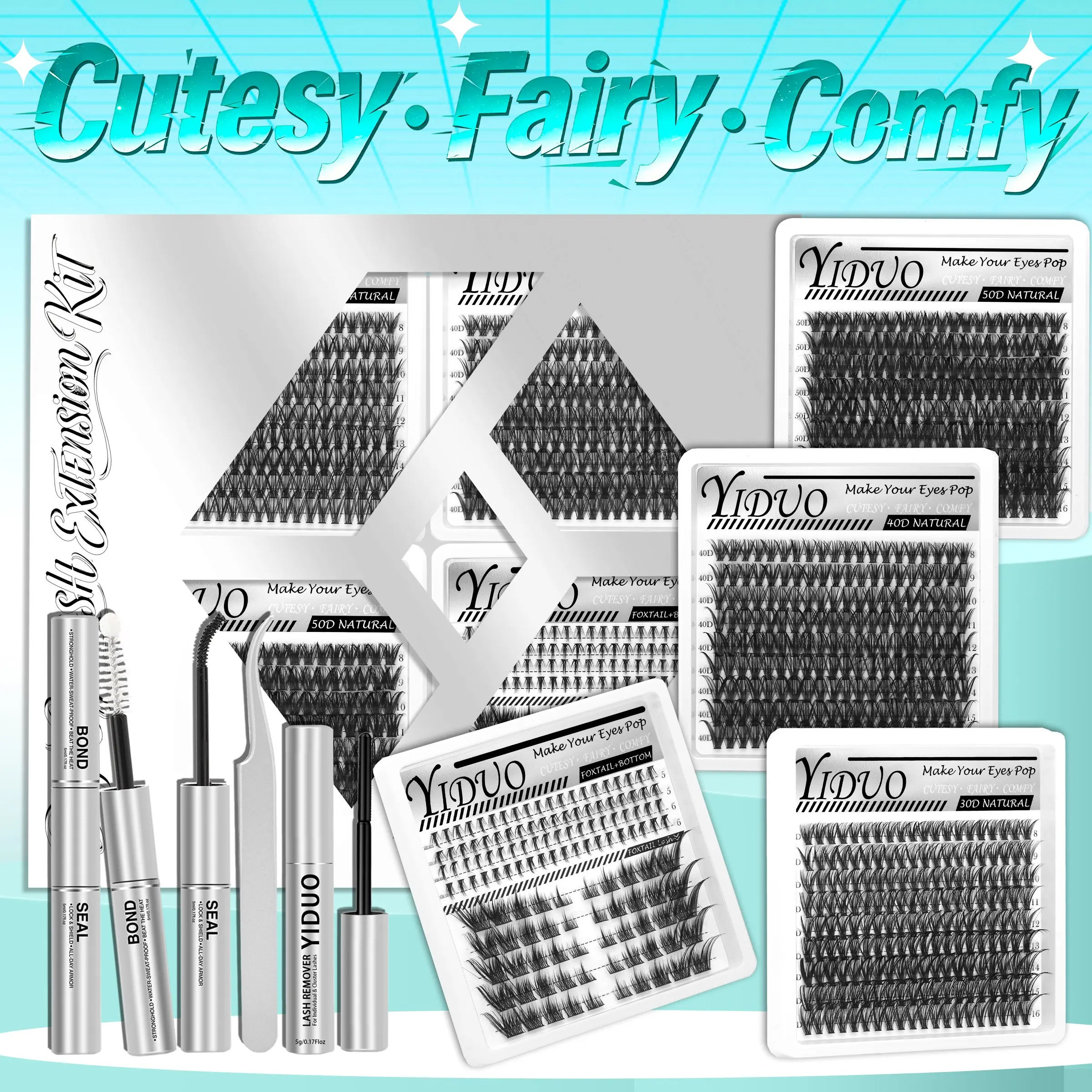 YIDUO 5-Style Eyelash Cluster Set: 30D /40D / 50D/Foxtail & Bottom Eyelash Extension Set, Eyelashes Clusters Extensions, 5–16 mm, D-Curl With Lash Bond and Seal, Lash Remover, Lash Tweezers, DIY Volume Eyelashes, DIY at Home Easily